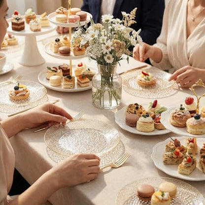 Rubtlamp 200pcs Gold Glitter Plastic Dessert Plates, Hammered 6 Inch Small Plates, Heavy Duty Appetizer Plate with 100 Gold Small Forks, Fancy Cake Snack Plate for Birthday Wedding Teatime - color: Gold glitter