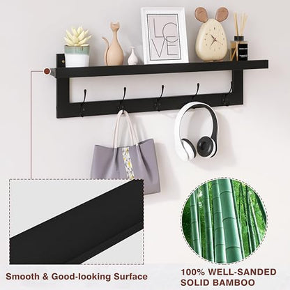 SMIBUY Coat Hooks with Shelf Wall-Mounted, 29.2 Inch Entryway Coat Rack for Wall, Bamboo Hanging Shelf with 5 Double Metal Hooks for Bathroom, Bedroom, Kitchen, Living Room, Mudroom (Black) - color: Black