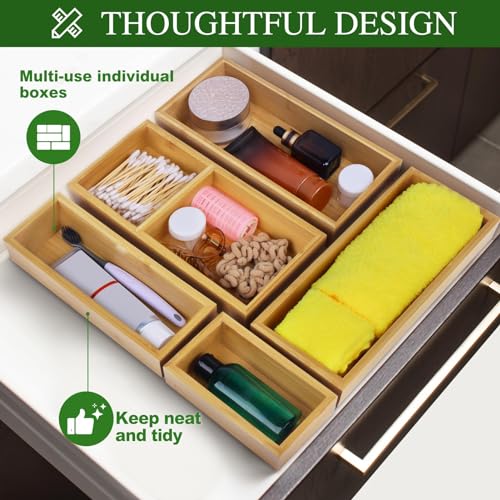 MapleGrace Bamboo Drawer Organizer Set, Individual Wood Storage Organizers | 5 PCS Multi-Use Junk Drawer Divider, Storage Trays Containers for Kitchen, Bathroom, Office Desk, Makeup, Jewelry, Utensils - size: 5