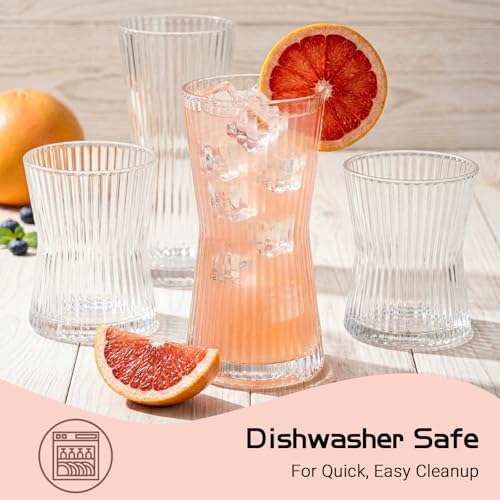 JOVGANK Drinking Glasses Set of 8 – Lead-Free Crystal Glassware, 4 Tall 10oz & 4 Short 8.5oz Vintage Ribbed Tumbler Glasses, Dishwasher Safe, for Juice Beer Cocktails, Great Housewarming Gift, Set B - style: X