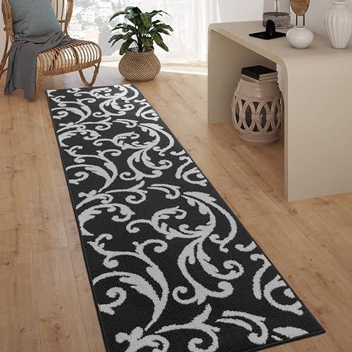 Hallway Runner Rug Non Slip Rubber Backing, 26 inch x 6 ft, Scroll, Black & White, Heavy Duty Berber Style Carpet Runner for Entryway, Kitchen, Bathroom, Bedroom, Laundry Room. - color: Scroll Black, size: 6 Foot Long Runner Rug