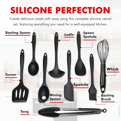Chef Craft - Premium Silicone Kitchen Tools and Utensils Set, Non-Scratch, Withstands Temperatures up to 450°F, BPA-Free, 9 Piece Cooking Utensils Set, Black - color: Black, size: 9 Piece Set