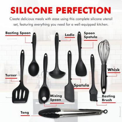 Chef Craft - Premium Silicone Kitchen Tools and Utensils Set, Non-Scratch, Withstands Temperatures up to 450°F, BPA-Free, 9 Piece Cooking Utensils Set, Black - color: Black, size: 9 Piece Set