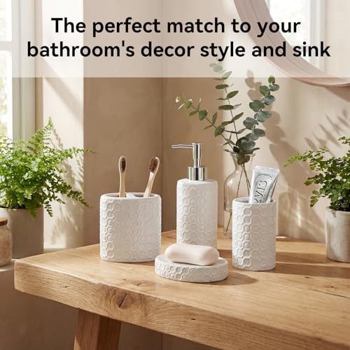 White Ceramic Bathroom Accessories Set, 4 Piece, Honeycomb Design with Soap Dispenser Pump, Tumbler, Toothbrush Holder, Soap Dish - color: White 005