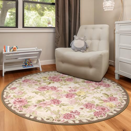 Washable 4ft Round Area Rug Cream Boho Floral Non-Slip for Bedroom, Kitchen | Soft Low-Pile Carpet for Pet Feeding Areas, Bathroom, Entryway, Nursery, Kid & Pet Friendly, Stain, Fade & Wear Resistant - color: Dusty Pink, Cream and Sage Green, size: 4' (Ro