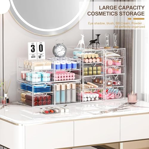 4-Pack Acrylic 16-Drawer Storage & Makeup Organizer for Desk | Smooth-glide drawers, clear acrylic, stackable, dustproof, wipe clean, for office supplies, pens, jewelry, makeup - size: 16 Drawers