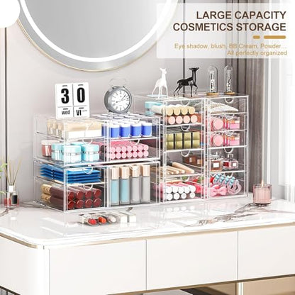 4-Pack Acrylic 16-Drawer Storage & Makeup Organizer for Desk | Smooth-glide drawers, clear acrylic, stackable, dustproof, wipe clean, for office supplies, pens, jewelry, makeup - size: 16 Drawers