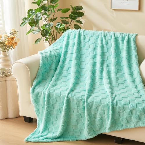NEWCOSPLAY 3D Checkered Flannel Throw Blanket, Aqua Checkered, 50"x70" | Super Soft Cute Lightweight Decorative Premium Silky Fleece Blanket for Couch Sofa Bed, Gift for Women Men, All Season Use - color: Aqua Checkered, size: Throw(50"x70")