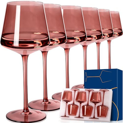 Rose Wine Glasses Set of 6,18oz Rose Wine Glassware Gift Set for Wife & Mom-Colorful Hand Blown Glass Drinkware for Red White Wine - color: Rose