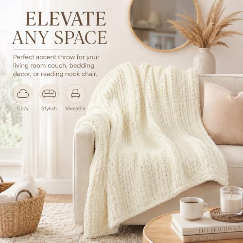 Luxury Chunky Knit Throw Blanket, Boho Chenille Cable Knit Blankets 50x60 | Upgraded no-shedding yarn, Super dense woven craftsmanship ensures durable cozy warmth for sofa, without pilling or fading.