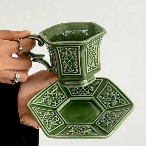 KAMMAK Tea Cups and Saucers Set of 2, 6 oz Porcelain Coffee Cups, SY004 | Stackable Espresso Mugs, Ceramic Demitasse for Coffee, Cappuccino, Latte, Americano, Tea - size: 8CZSY004