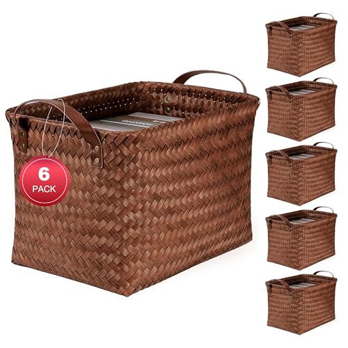 15L Laundry Baskets Waterproof Storage Baskets For Shelves Large Laundry Hamper With Leather Handle -set of 6 Cube Organizers Woven Bins for Bathroom,Bedroom,Pantry,Clothes,Car & Towels-Brown - color: Brown*6 Set