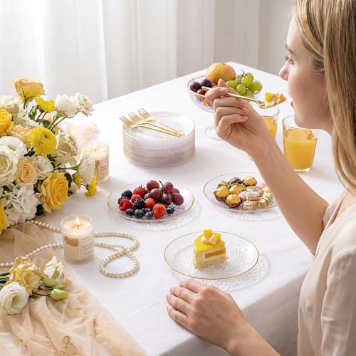 Rubtlamp 200 Pcs Clear Gold Dessert Plates with Forks, 6 inch Hammered Gold Small Disposable Plates, Fancy Appetizer Platos Include 100 Cake Plate,6 inch 100 gold Forks for Birthday, Wedding, Teatime - color: Clear gold