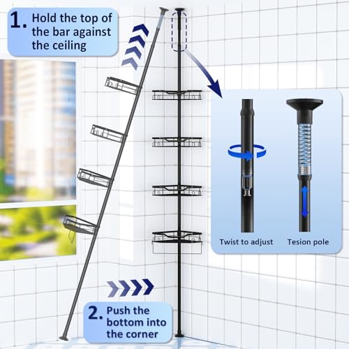Shower Caddy Corner, 4 Tier Adjustable 48 to 115 Inch Adjustable Rustproof Corner Shower Caddy Tension Pole, Floor Standing Bath Rack with Rod (4 Tier - Triangular)