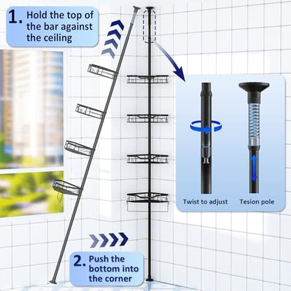 Shower Caddy Corner, 4 Tier Adjustable 48 to 115 Inch Adjustable Rustproof Corner Shower Caddy Tension Pole, Floor Standing Bath Rack with Rod (4 Tier - Triangular)