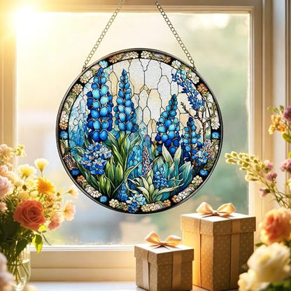 Stained Glass Window Hanging, Stained Glass Suncatcher, 8" Field of Texas Bluebonnets Sun Catchers Indoor Window Ornaments – Christmas Mother's Day Birthday Gifts for Women, Friends, Mom, Grandma - color: Bluebonnet