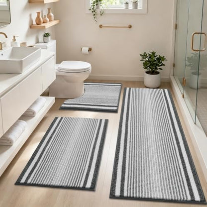 HEBE Chenille Bathroom Rugs Sets 3 Piece, Non Slip Washable Bath Mats Set | Absorbent Bathroom Mat Set, Soft Bath Rugs, Ultra Plush Bath Mat and U-Shaped Contour Toilet Rug Set for Tub Shower, Grey - color: Grey