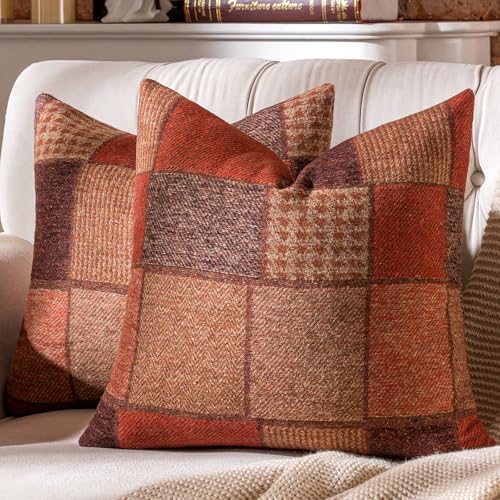 Set of 2 Throw Pillow Covers Woolen Patchwork Checkered Farmhouse Decorative Square Pillows Cover Pillowcase for Sofa Couch Bed 18 x 18-Inch Orange - color: Orange, size: 18" x 18" (Pack of 2)