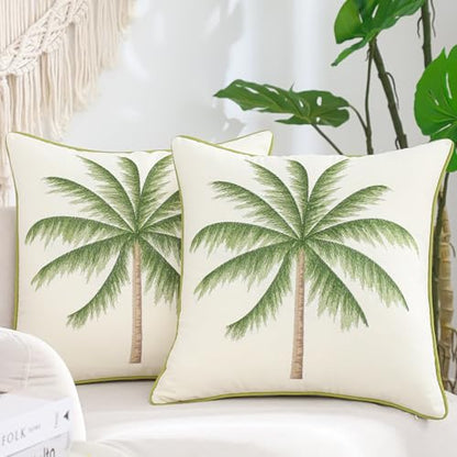 18x18 Palm Tree Embroidered Throw Pillow Covers Pack of 2 Green | Ocean-Themed,Durable Fabric,Square Pillow Cover,Boho Decorative,Hidden Zipper,Aesthetic Design,Ideal Gift,Machine Washable - color: Green Tropical Palm Tree