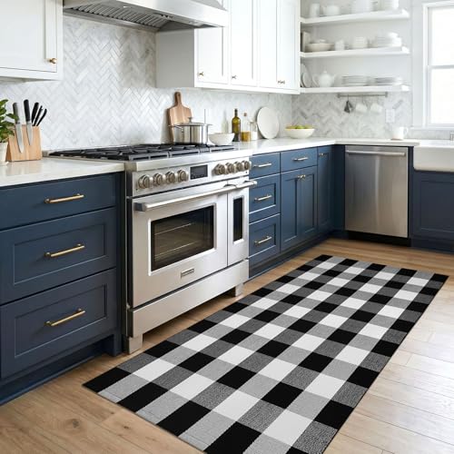 KOZYFLY Buffalo Plaid Area Rugs 3x5 Ft Black and White Checkered Rug Washable Front Door Mat Hand Woven Cotton Outdoor Rug Large Rug for Front Porch Kitchen Entryway Patio Bathroom | Washable Front Door Mat, Woven Cotton Outdoor Rug, Large Rug for Front P