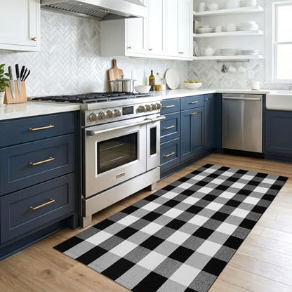 KOZYFLY Buffalo Plaid Area Rugs 3x5 Ft Black and White Checkered Rug Washable Front Door Mat Hand Woven Cotton Outdoor Rug Large Rug for Front Porch Kitchen Entryway Patio Bathroom | Washable Front Door Mat, Woven Cotton Outdoor Rug, Large Rug for Front P