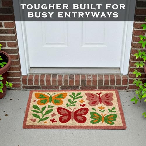 MAINEVENT Butterfly Welcome Mat 30x17 Inch, Spring Outdoor Doormat Coir | Natural Coco Fiber Spring Decor, Pvc Backing, Dirt Scraper, Nature-Inspired Farmhouse Decor, Housewarming Gift, Covered Porch