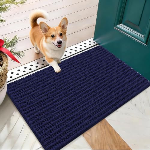 OLANLY Dog Door Mat for Muddy Paws 24x16, Ultra-Absorbent Chenille Mud Mat | Navy Blue, Absorbs Moisture and Dirt, Non-Slip Washable Doormat, Quick-Drying Indoor Entryway Floor Carpet for Dogs - color: Navy Blue, size: 24" X 16"