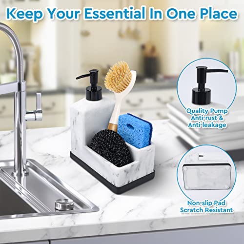 Dish Soap Dispenser with Sponge Holder,White Marble Look Liquid Hand and Dish Soap Dispenser and Spong Caddy with Brush Holder 3 in 1 Countertop Organizer for Kitchen Sink and Bathroom,White - color: White Marble Look