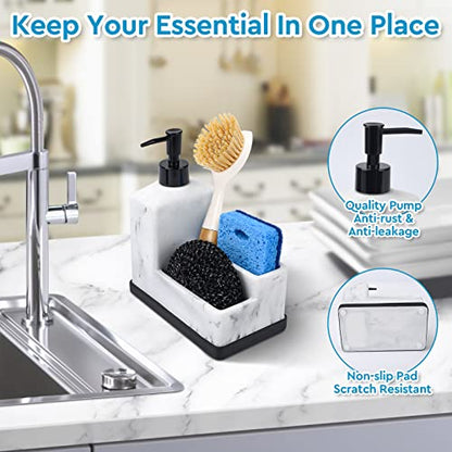 Dish Soap Dispenser with Sponge Holder,White Marble Look Liquid Hand and Dish Soap Dispenser and Spong Caddy with Brush Holder 3 in 1 Countertop Organizer for Kitchen Sink and Bathroom,White - color: White Marble Look