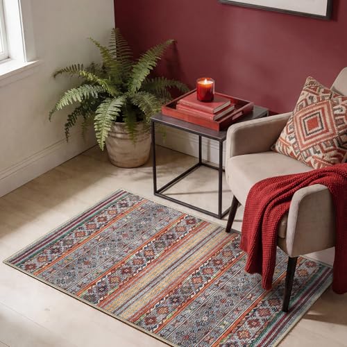 Keen Home Design 2x3 Rug - Machine Washable Entry Rug with Non-Slip Backing, Ideal for Enteryway, Kitchen, Bathroom, Laundry Room - Vintage, Easy Clean, Durable, Low Pile Rug - (2' x 3') - color: Grey/Multi, size: 2' x 3' (Rectangular)
