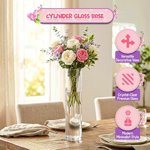 16" Tall Cylinder Glass Vase, 3.5" Wide - Clear Glass Vase for Centerpiece, Floor Vase, Flowers, Candle Holder, Wedding Table Decor by 4E's Novelty