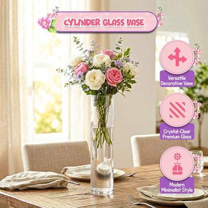 16" Tall Cylinder Glass Vase, 3.5" Wide - Clear Glass Vase for Centerpiece, Floor Vase, Flowers, Candle Holder, Wedding Table Decor by 4E's Novelty