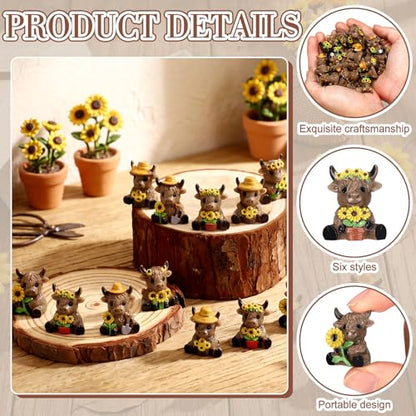 Yaomiao 60 Pcs Mini Highland Cow Figurines Resin Sunflower Highland Cow Figurines Cute Miniature Resin Gift Statue Decorations for Office Garden Desk Tabletop Festive Party Home Kitchen Tiered Tray - style: Sunflower