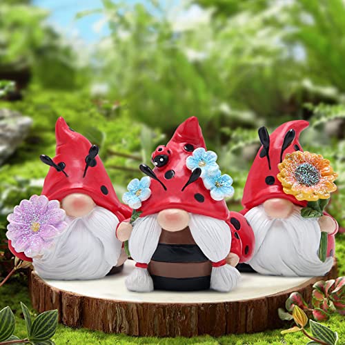 Hodao Spring Ladybug Gnome Decor Set of 3, Resin Floral Figurines for Tiered Tray Shelf Table Display, Cute Farmhouse Home Accent, Year Round Gift for Women, Friends and Family - style: Ladybug Gnome