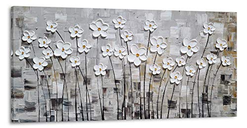 Yihui Arts Hand-Painted Textured White Floral Artwork on Gray Abstract Background - Modern 3D Flower Oil Painting for Living Room, Bedroom, Home Decor - color: Floral Picture, size: 40"L x 20"W