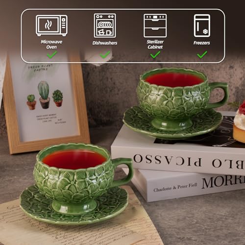 KAMMAK Tea Cups and Saucers Set of 2, 8.5 oz Porcelain Coffee Cups, 561N | Stackable Espresso Mugs, Ceramic Demitasse for Coffee, Cappuccino, Latte, Americano, Tea - size: 7KPSP561N