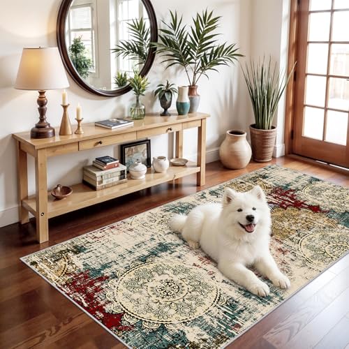 3x6 Runner Rug Entryway Washable：Non-Slip Indoor Floor Runners for Kitchen | Abstract Soft Thin Low-Pile Stain Resistant Mandala Stamped Carpet for Bathroom Laundry Nursery Home Decor 3x6 Red Green - color: Red/Green/Multi, size: 3' x 6' (Rectangular)