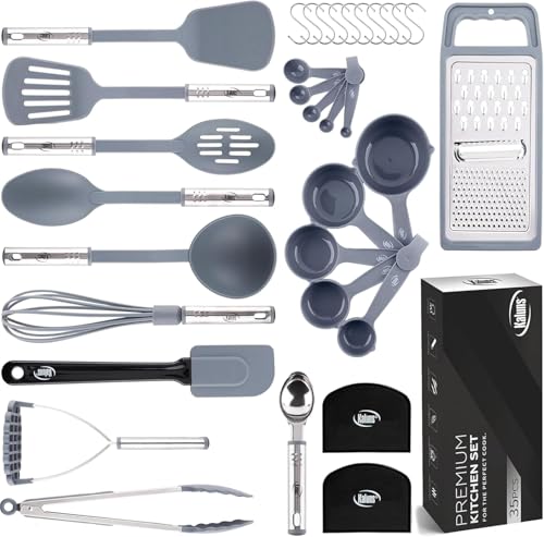 Kitchen Utensils Set 35 PCS Cooking Utensils Set, Nonstick and Heat Resistant Nylon Stainless Steel Silicone Spatula Set - Kitchen Gadgets Home Essentials Kitchen Accessories, Apartment Must Haves - color: Gray