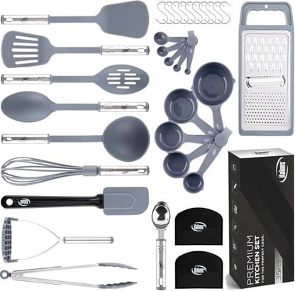 Kitchen Utensils Set 35 PCS Cooking Utensils Set, Nonstick and Heat Resistant Nylon Stainless Steel Silicone Spatula Set - Kitchen Gadgets Home Essentials Kitchen Accessories, Apartment Must Haves - color: Gray