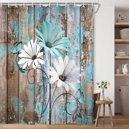 JAWO 4 Piece Teal Daisy Flower on Rustic Wooden Plank Country Style Shower Curtain Sets with Non-Slip Rugs, Toilet Lid Cover and Bath Mat, Shower Curtain with 12 Hooks - color: Teal-01, size: 5'10" x 5'10" (Rectangular)