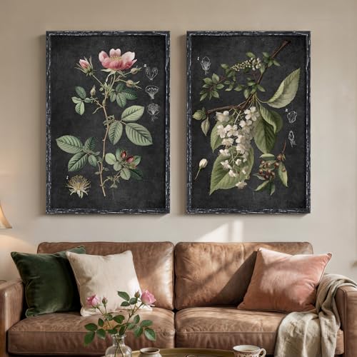 Large Framed Vintage Botanical Wall Art Set of 2, Rustic Retro Dark Floral Canvas Paintings Prints, Antique Flower Pictures for Farmhouse Living Room Hallway Bedroom Dining Room Wall Decor, 24x36 Inch - color: Beige & Green & Pink, size: 24" W x 36" H x 2