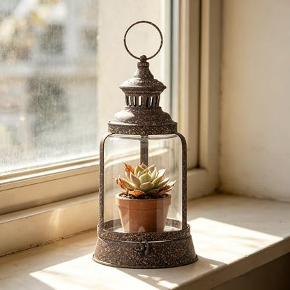 14" Twakutwaku Verstile Farmhouse Metal Hurricane Lantern in Rustic Brown, Glass Candlestick Holder, Decorative Pillar Candle Holder, Glass Dome Cloche Display (Rustic Brown, Medium)