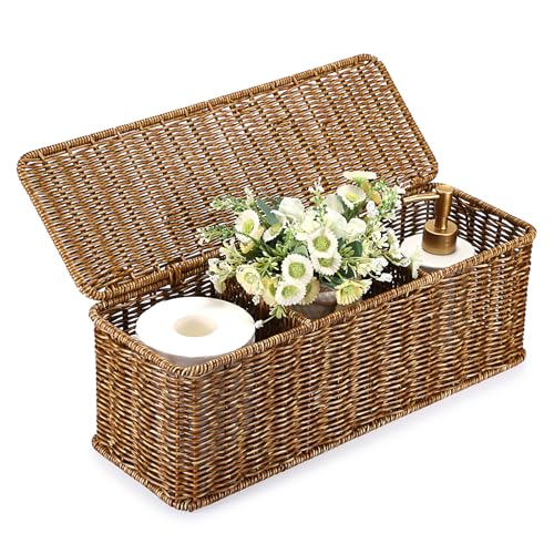 Sumnacon Wicker Storage Basket with Lid, Rectangular Narrow Baskets for Bathroom, Farmhouse Imitation Rattan Bin with Dividers, Decorative Handwoven Tray Organizer for Countertop Shelves Toilet Tank - color: Brown