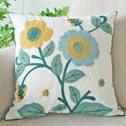 vctops Floral Embroidered Pillow Covers 18x18 Inch Spring Summer Cotton Tufted Throw Pillow Cover Outdoor Garden Cushion Case for Sofa, Bed, Living Room (Flower H,18"x18") - color: Flower H