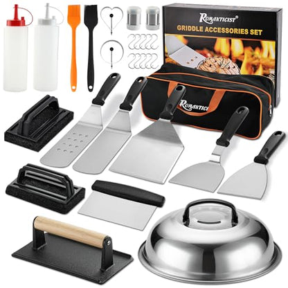 ROMANTICIST 29PCS Griddle Accessories Set - Flat Top Teppanyaki Spatula Set with Scraper, Basting Cover for Camp Chef- Home Cooking Griddle and Outdoor BBQ Gifts for Christmas - style: Black