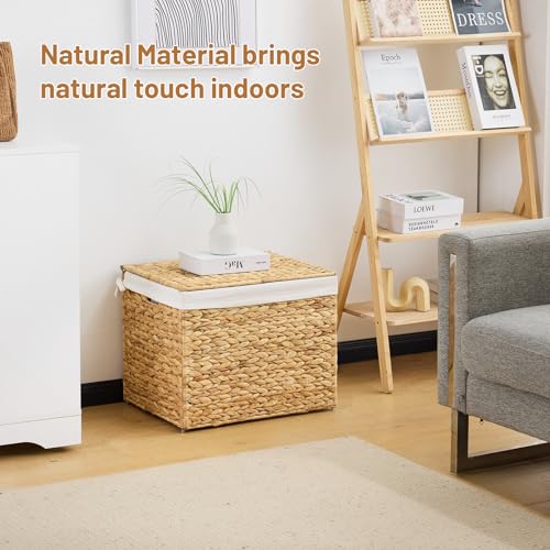 Water Hyacinth Storage Basket with Lid, 21.1 Gallon (80L) Wicker Shelf Basket with Removable Liner, Wicker Storage Basket for Blanket, for Livingroom, Bedroom, Natural - size: 19.7"L x 15.75"W x 15.75"H