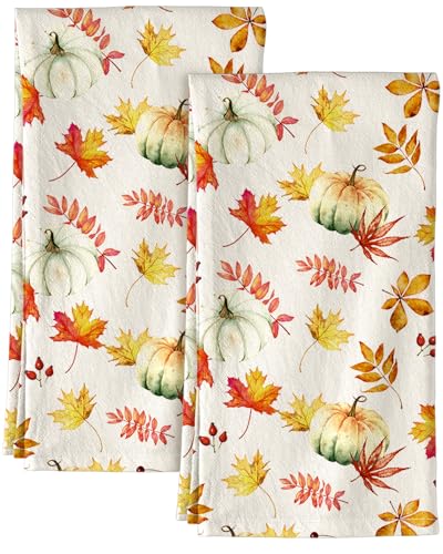 150GSM Flour Sack Kitchen Towels Set of 2, Pumpkin Leaf | 18"x26", Lightweight, Lint-Free, Pure Cotton, Decorative, with Hanging Loop, Absorbent, Softer after Wash, Giftable Package - color: Pumpkin Leaf