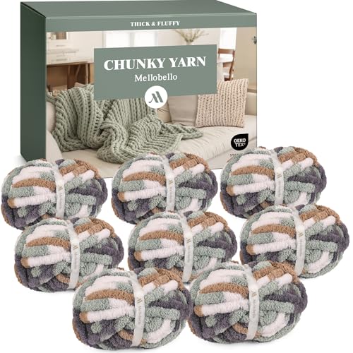 Jumbo Chunky Yarn for Hand Knitting - Super Thick Chenille Chunky Yarn for Crocheting - Extra Soft Bulky Fluffy Blanket Big Yarns 8 Jumbo Pack (27yds,8 oz Each Skein) - color: Stone Moss