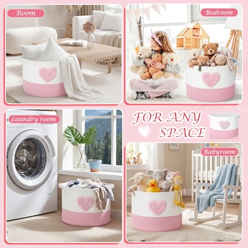 LemonRoad Pink Heart Extra Large Cotton Rope Basket 20"x14", Embroidered Woven Baby Laundry Blanket Basket Box with Handle Storage, Blanket Storage for Living Nursery Pillows Laundry Baby Toy Chest - style: Heart