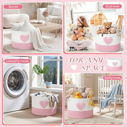LemonRoad Pink Heart Extra Large Cotton Rope Basket 20"x14", Embroidered Woven Baby Laundry Blanket Basket Box with Handle Storage, Blanket Storage for Living Nursery Pillows Laundry Baby Toy Chest - style: Heart